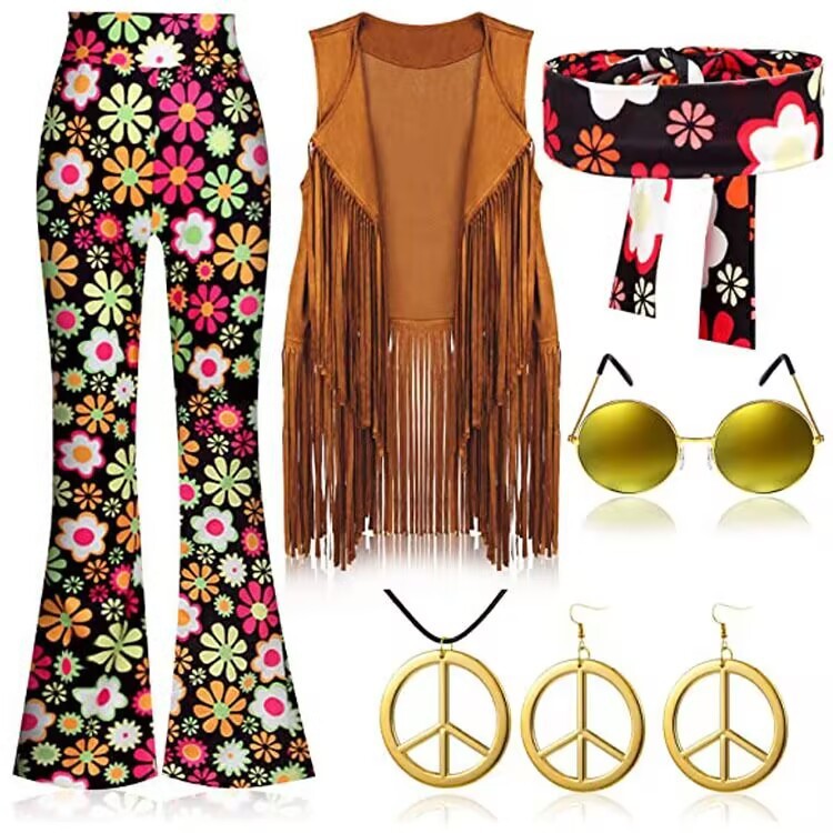 70's Hippie Party Vintage Clothing Tassel Vest Pants Headscarf Suit - 图片 7