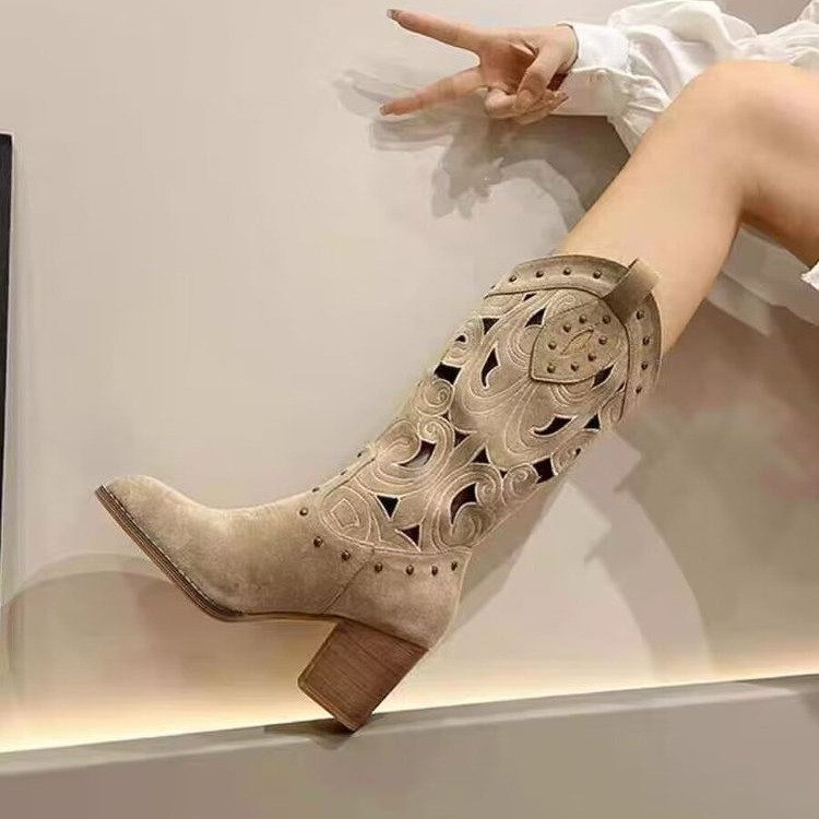 Fashion Middle Chunky Heel V Cut Embroidery Hollow Out Western Cowboy Boot - 图片 3