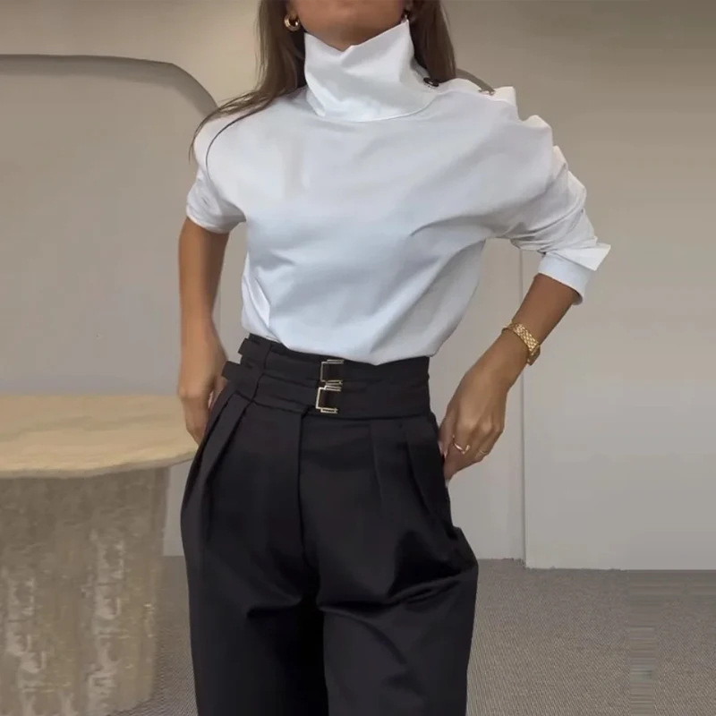 Fashion High Collar Oblique Shoulder Tops Blouse And Pants Women - 图片 7
