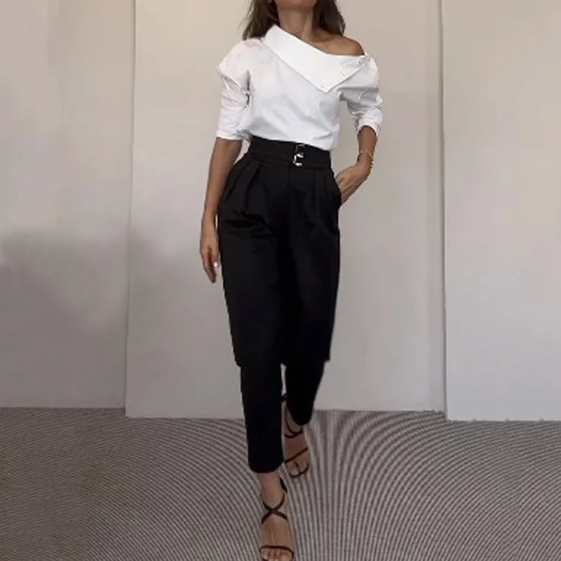 Fashion High Collar Oblique Shoulder Tops Blouse And Pants Women - 图片 8