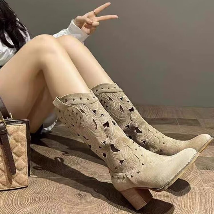 Fashion Middle Chunky Heel V Cut Embroidery Hollow Out Western Cowboy Boot - 图片 10