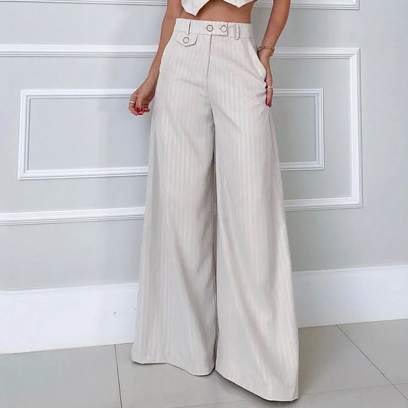 Fashion V-neck Striped High Waist Wide Leg Pants - 图片 8