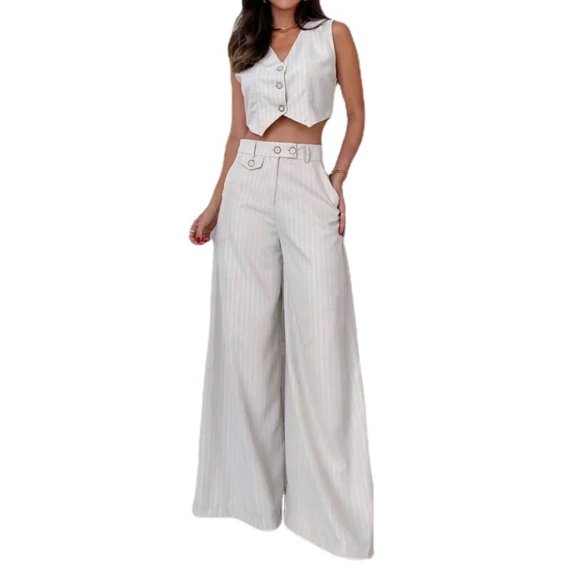 Fashion V-neck Striped High Waist Wide Leg Pants - 图片 10