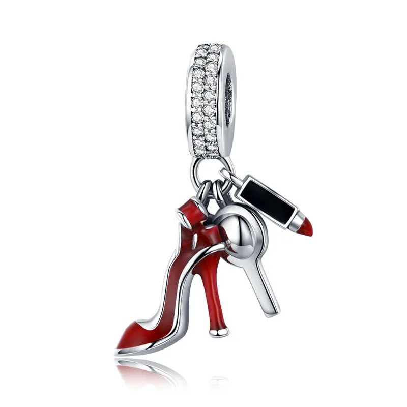 S925 Sterling Silver Red Lipstick High Heel Shoes Makeup Mirror Pendant - 图片 5