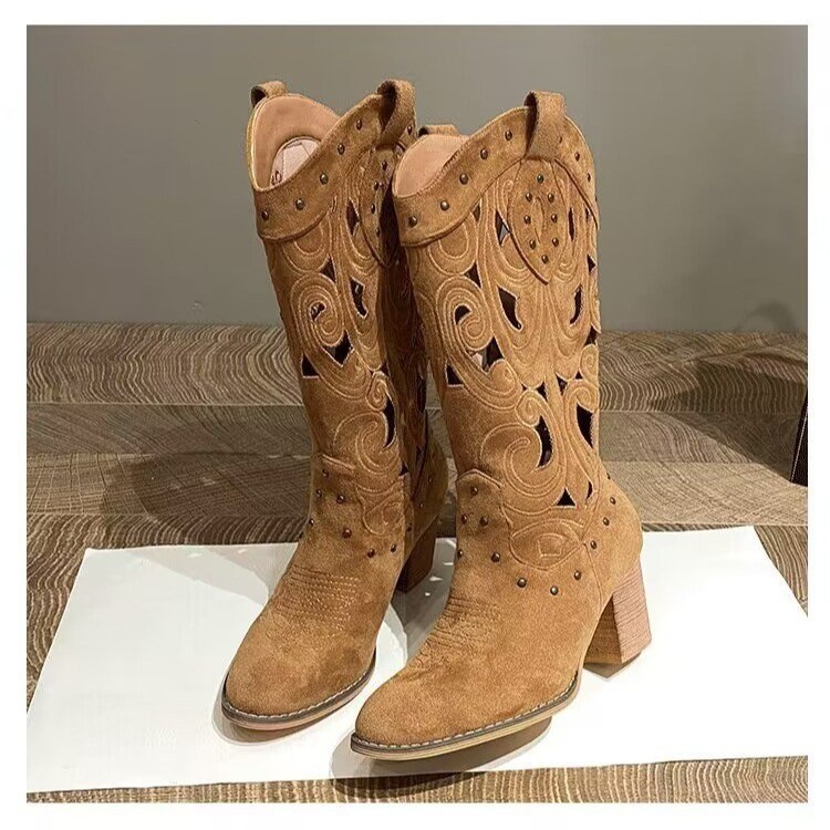 Fashion Middle Chunky Heel V Cut Embroidery Hollow Out Western Cowboy Boot - 图片 6