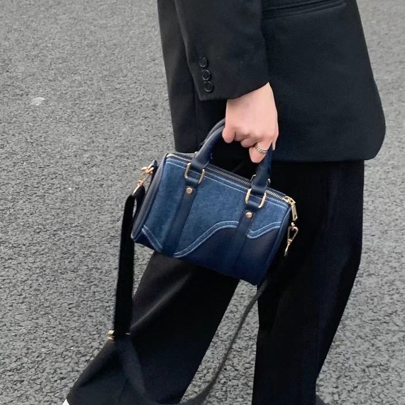 Retro Denim Patchwork Leather Boston Bag - 图片 2