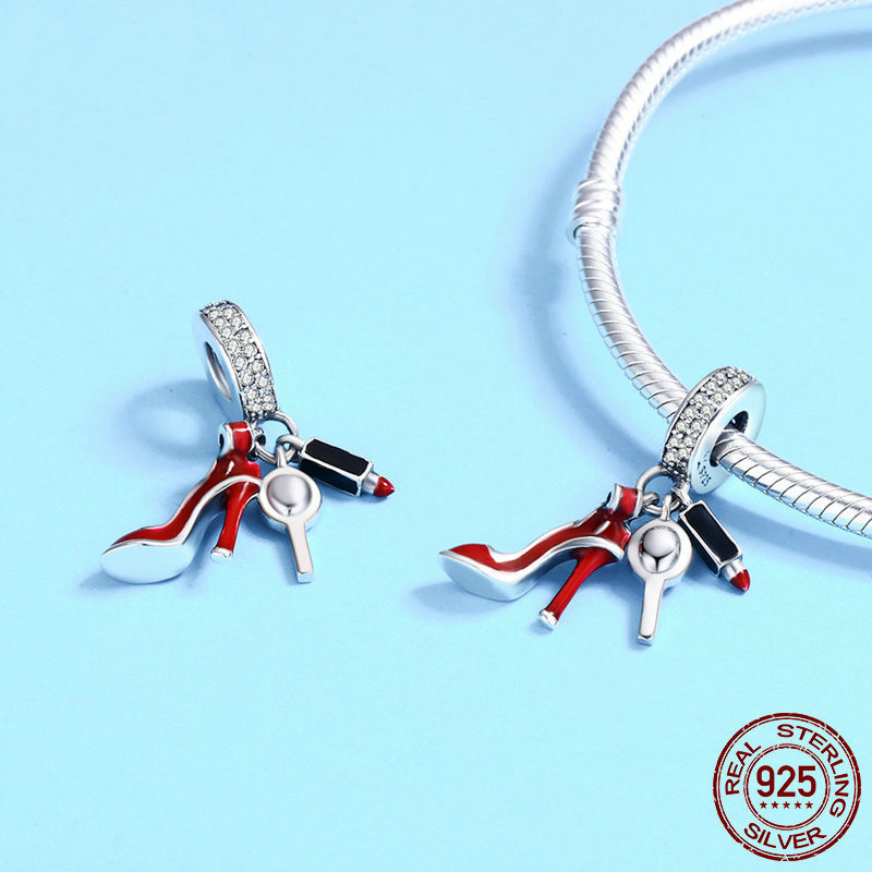 S925 Sterling Silver Red Lipstick High Heel Shoes Makeup Mirror Pendant - 图片 4