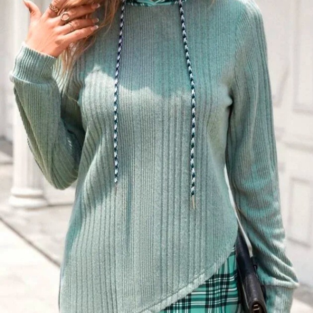 Knitted Stitching Contrast Color Jacquard Hooded Long Sleeve Sweater - 图片 2