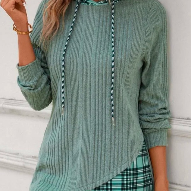 Knitted Stitching Contrast Color Jacquard Hooded Long Sleeve Sweater - 图片 4