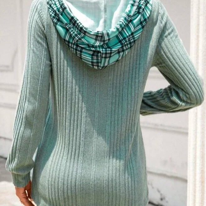 Knitted Stitching Contrast Color Jacquard Hooded Long Sleeve Sweater - 图片 3