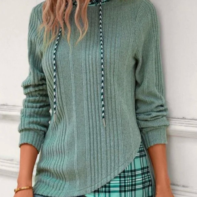 Knitted Stitching Contrast Color Jacquard Hooded Long Sleeve Sweater - 图片 5
