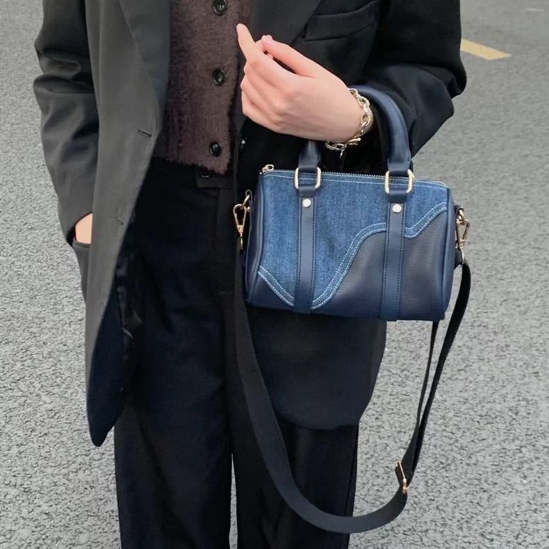 Retro Denim Patchwork Leather Boston Bag - 图片 3
