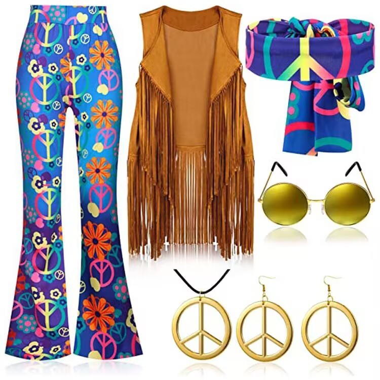 70's Hippie Party Vintage Clothing Tassel Vest Pants Headscarf Suit - 图片 6