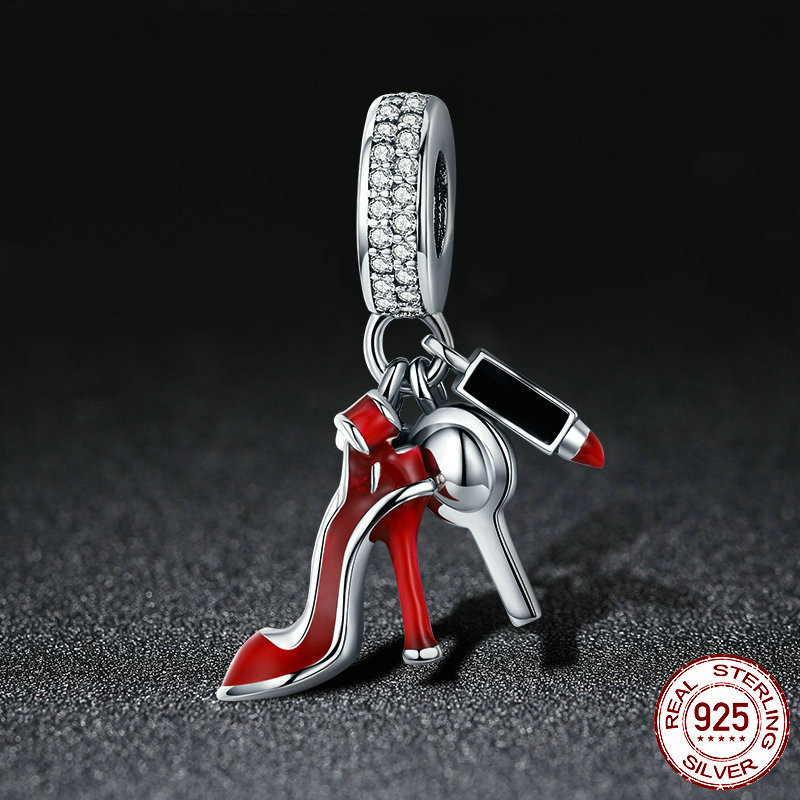 S925 Sterling Silver Red Lipstick High Heel Shoes Makeup Mirror Pendant - 图片 3