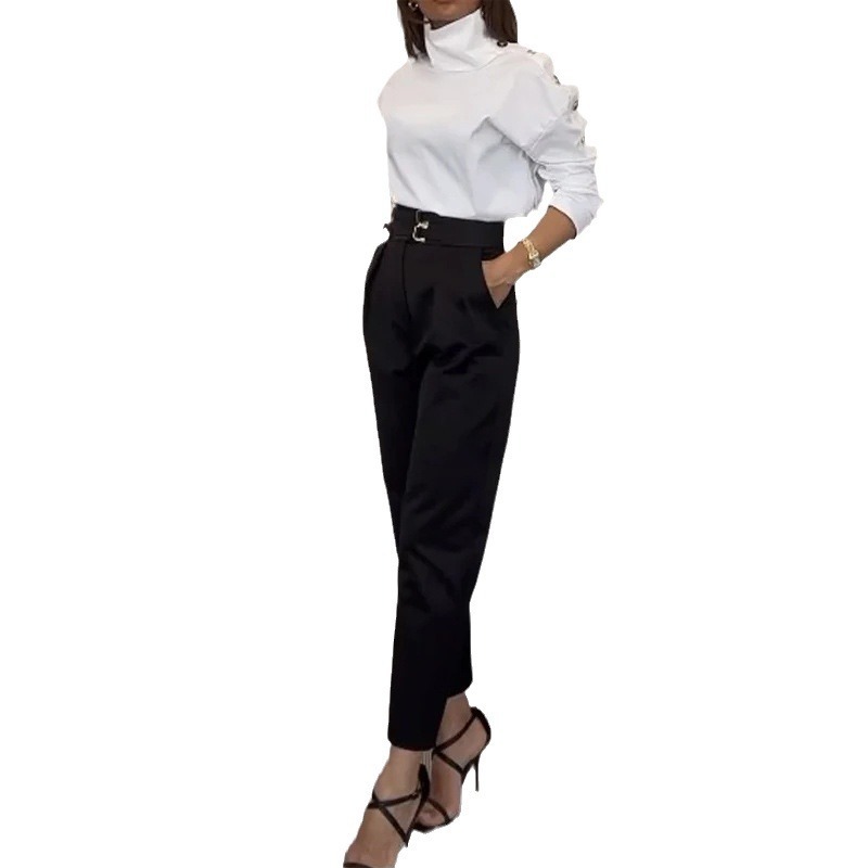 Fashion High Collar Oblique Shoulder Tops Blouse And Pants Women - 图片 5