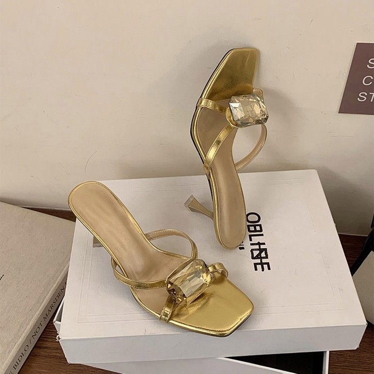 2026 Summer New Korean Style Stiletto Heel Slides For Women, Rhinestone Open Toe High Heel Mules, Dressy Sandals For Ladies - 图片 2