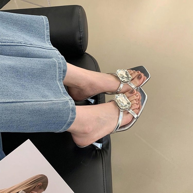 2026 Summer New Korean Style Stiletto Heel Slides For Women, Rhinestone Open Toe High Heel Mules, Dressy Sandals For Ladies - 图片 4