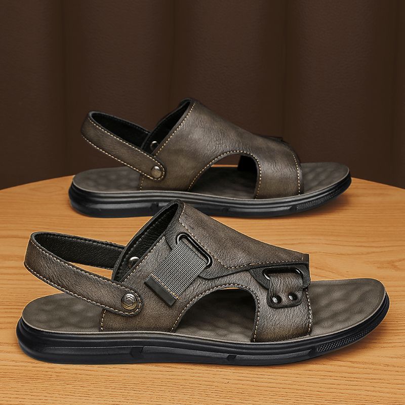 Mens Leather Thick-Soled Non-Slip Beach Casual Soft-Soled Sandals - 图片 4